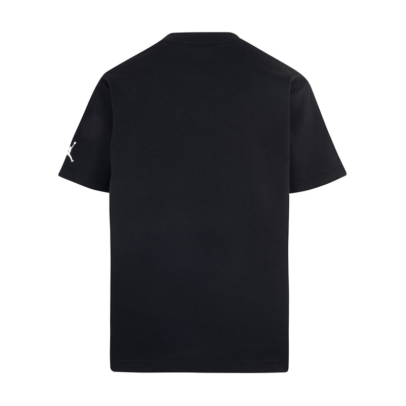 Black youth crewneck t-shirt, plain back with small left-sleeve logo