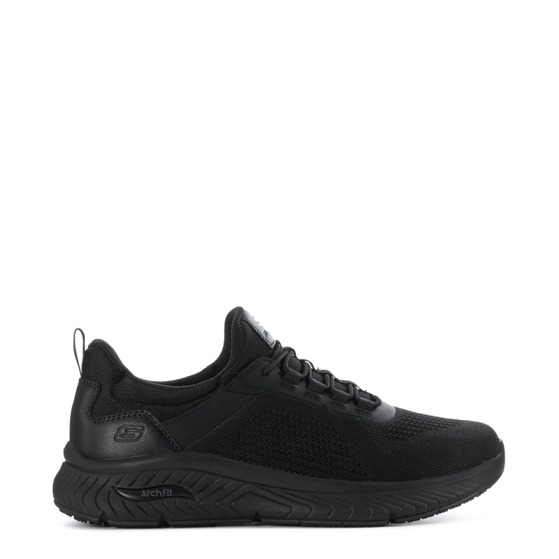 Men's black lace-up slip-resistant sneaker with textured cushioned sole