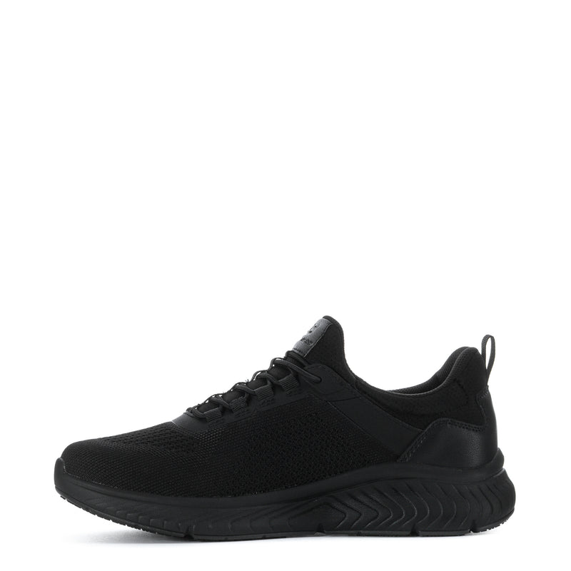 Men's black lace-up sneaker, side profile with padded collar and rubber outsole