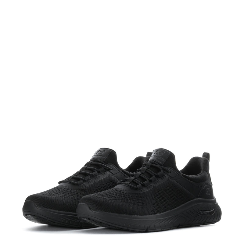 Men's black lace-up sneaker, front/side view with patterned mesh upper