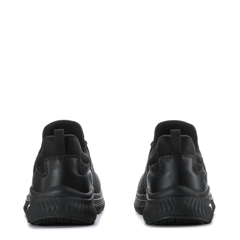 Men's black sneaker heel view with pull tab and sculpted rubber midsole