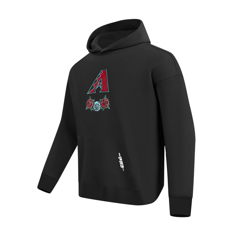 Black men’s hoodie, side view, chest Arizona A with floral rose design
