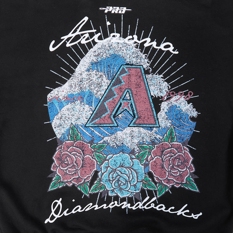Close-up of black hoodie front: large floral Arizona A artwork with script text