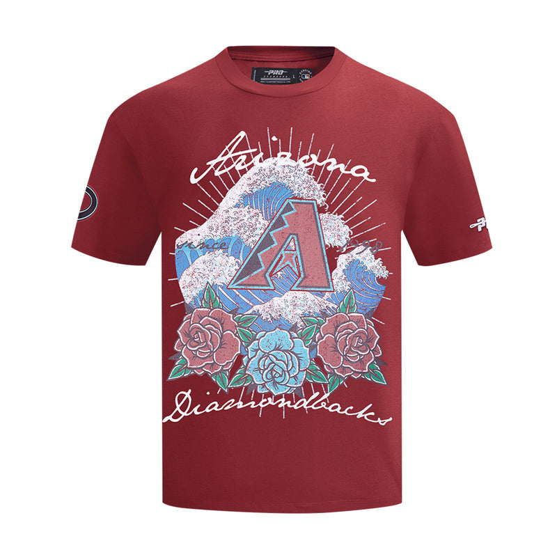 Men's red Arizona Diamondbacks T-shirt with wave-and-roses front graphic; sleeve logos