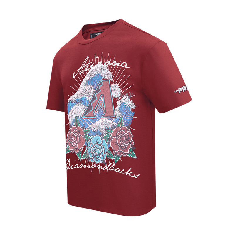 Men's red Arizona Diamondbacks T-shirt, angled front view with wave-and-roses graphic