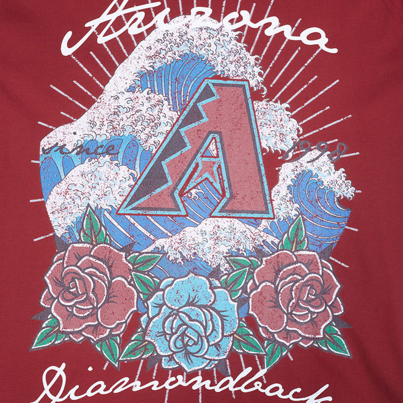 Close-up of wave-and-roses graphic on men's red Arizona Diamondbacks T-shirt