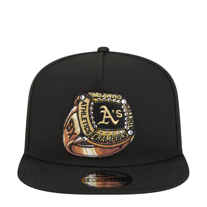 Black snapback cap with embroidered Athletics championship ring patch
