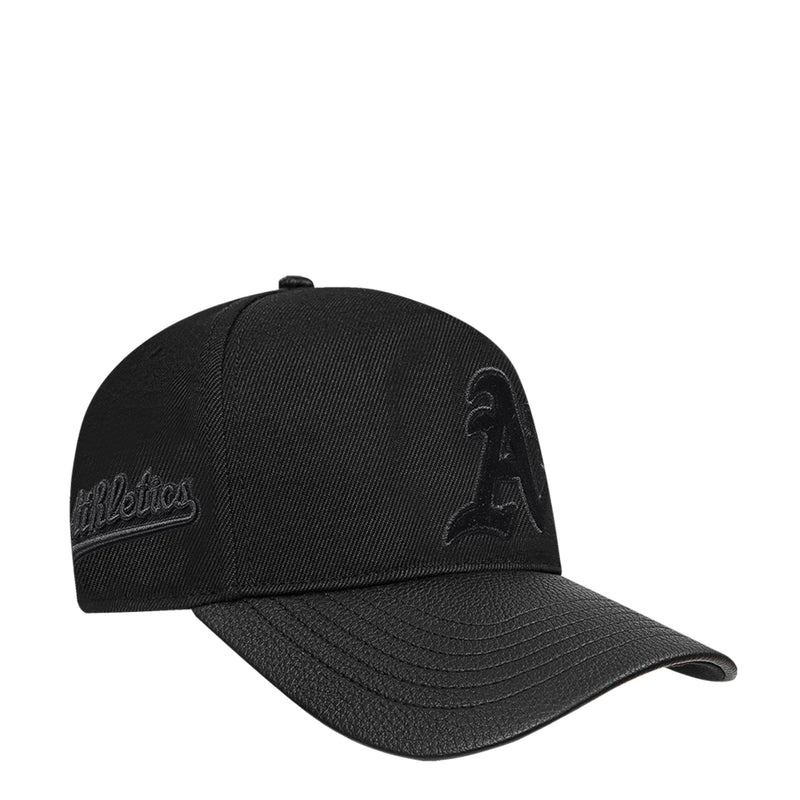 Black low snapback cap, side embroidered logo and curved stitched brim