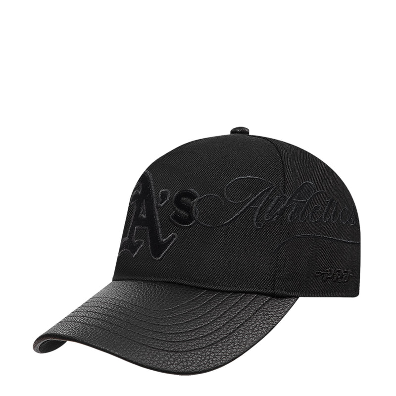 Black low snapback cap with front raised embroidered logo and low curved brim