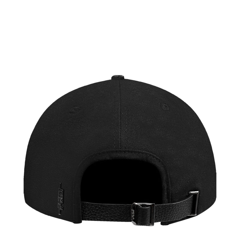 Black low snapback cap back view with adjustable leather-look strap and buckle
