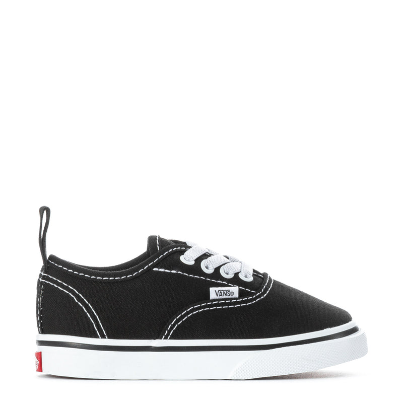 Black toddler low-top lace-up sneaker with white laces and stitched sidewalls