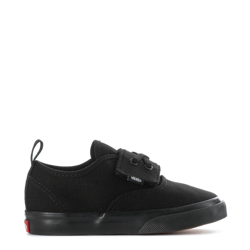 Toddler black low-top sneakers with lace-up closure and Vans side logo