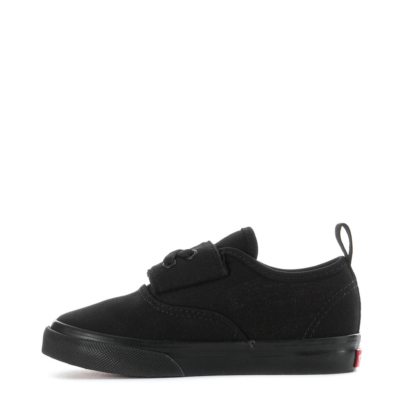 Toddler black low-top sneakers with lace-up front and raised rubber toe cap