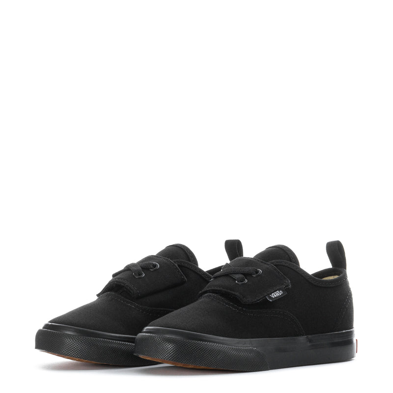 Toddler black low-top sneakers, double pair view, lace-up with Vans logo