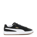 Women's black Puma sneakers with white side stripe, gum sole, and round laces