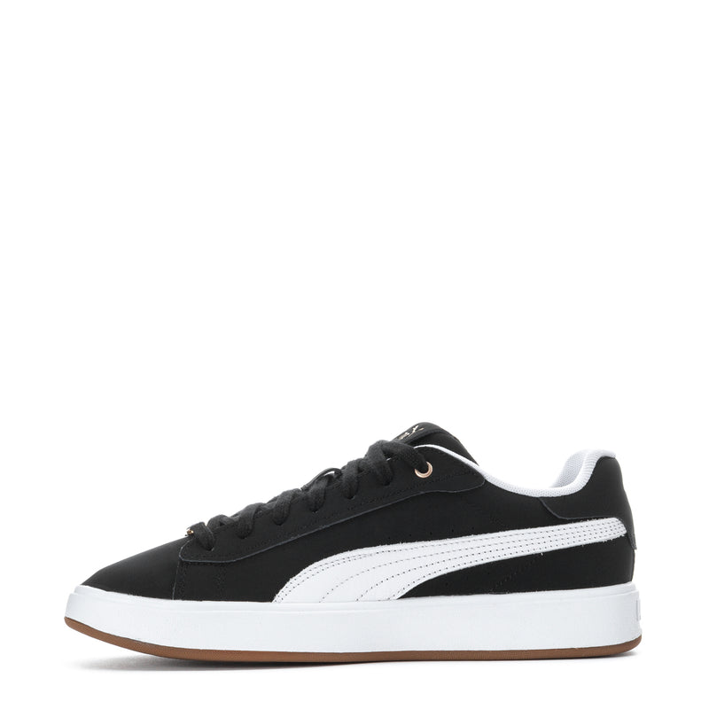 Women's black-and-white Puma sneakers with white stripe and gum sole