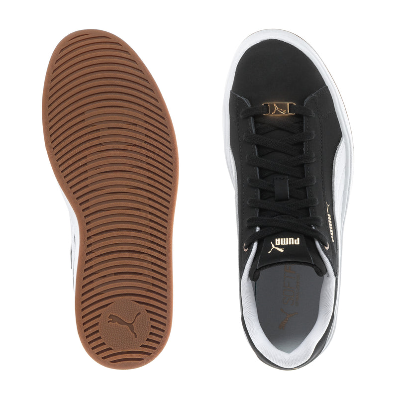 Black sneaker outsole and inside view with brown tread and white lining