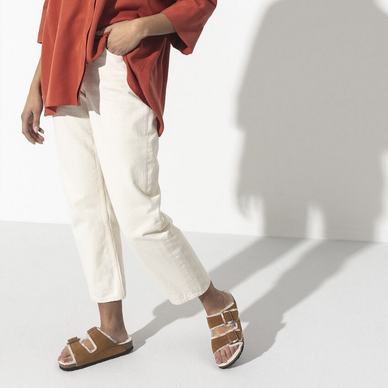 Birkenstock Arizona Slide Sandal (Women) - Mink Suede/Natural Shearling Sandal - Slide - The Heel Shoe Fitters