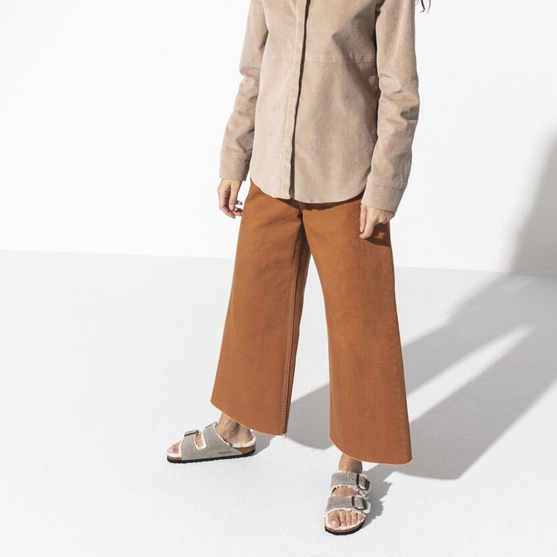 Birkenstock Arizona Slide Sandal (Women) - Stone Coin Suede/Natural Shearling Sandal - Slide - The Heel Shoe Fitters