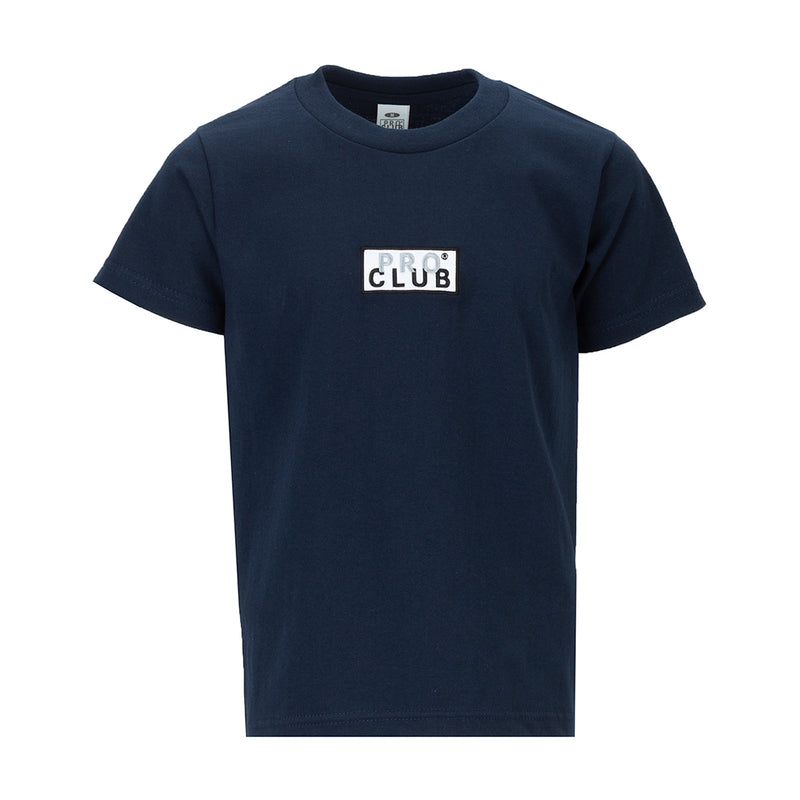 Youth navy box logo T-shirt with small square chest graphic
