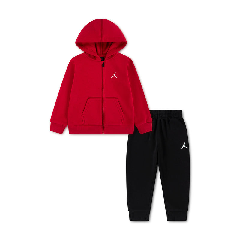 Toddler fleece zip hoodie and jogger set, red hoodie with white Jordan logo, black pants
