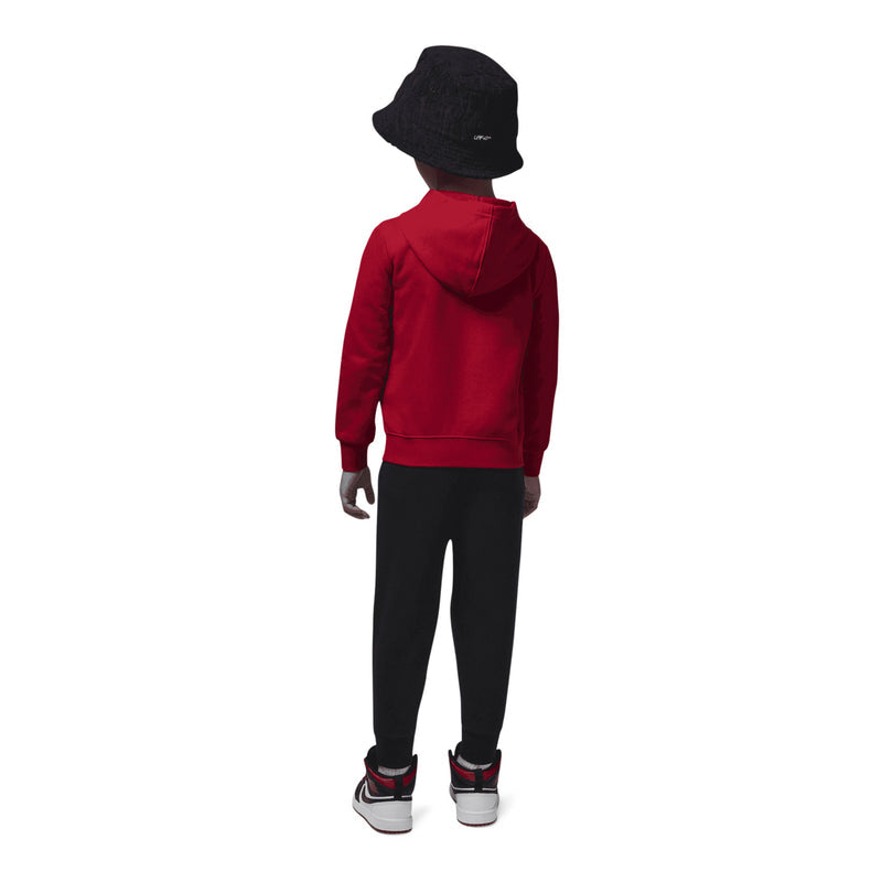 Toddler red hoodie and black joggers set, back view with hood and white Jordan logo