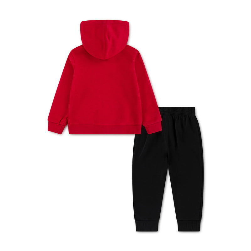 Toddler red hoodie and black joggers set, rear view with hood and elastic cuffs