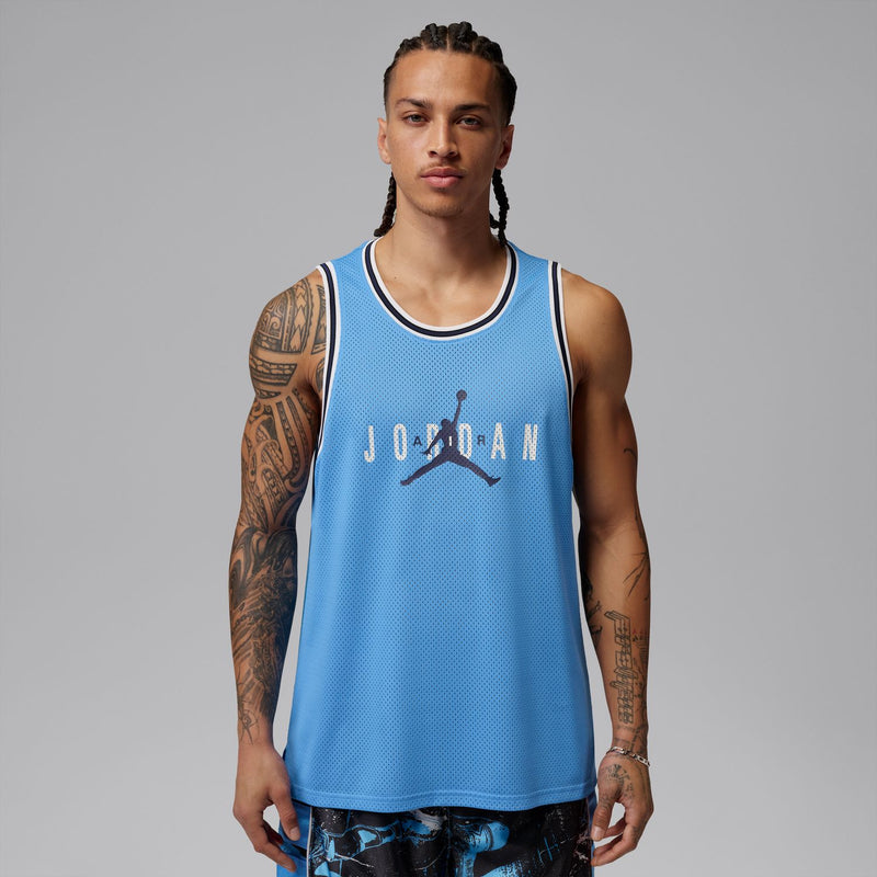 Light blue sleeveless mesh basketball jersey with Jumpman Jordan logo, crew neckline
