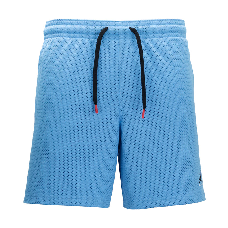Men's university blue mesh shorts with elastic waistband and black drawstring