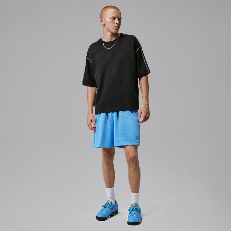 Men's university blue mesh shorts with elastic waist and black drawstring ties