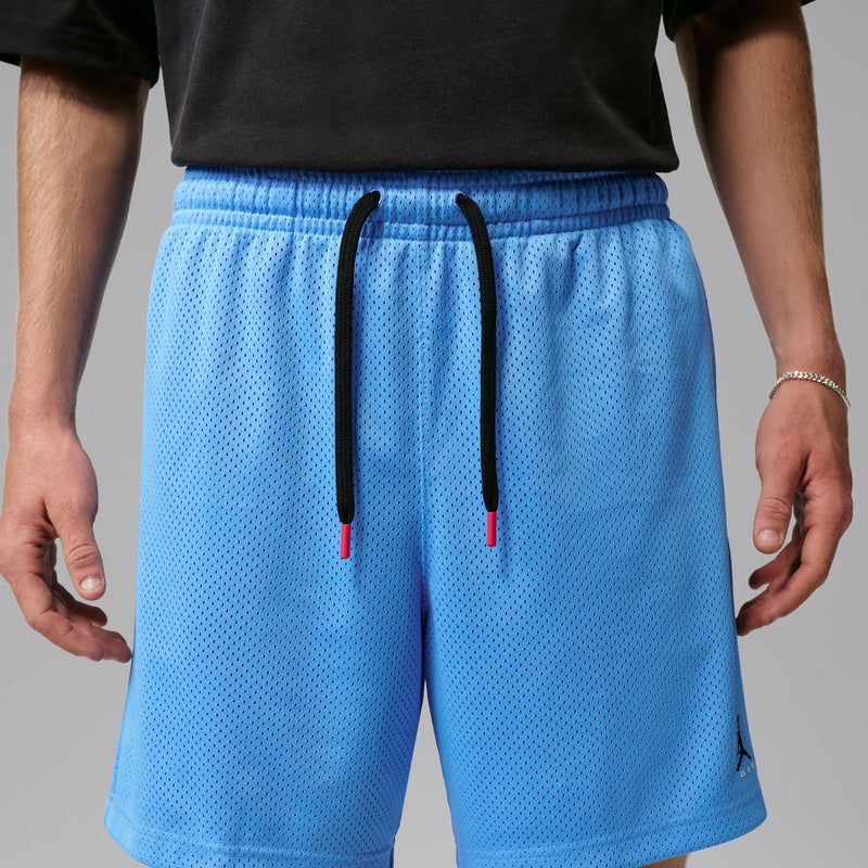 Men's university blue mesh shorts with elastic waist and black drawstring ties