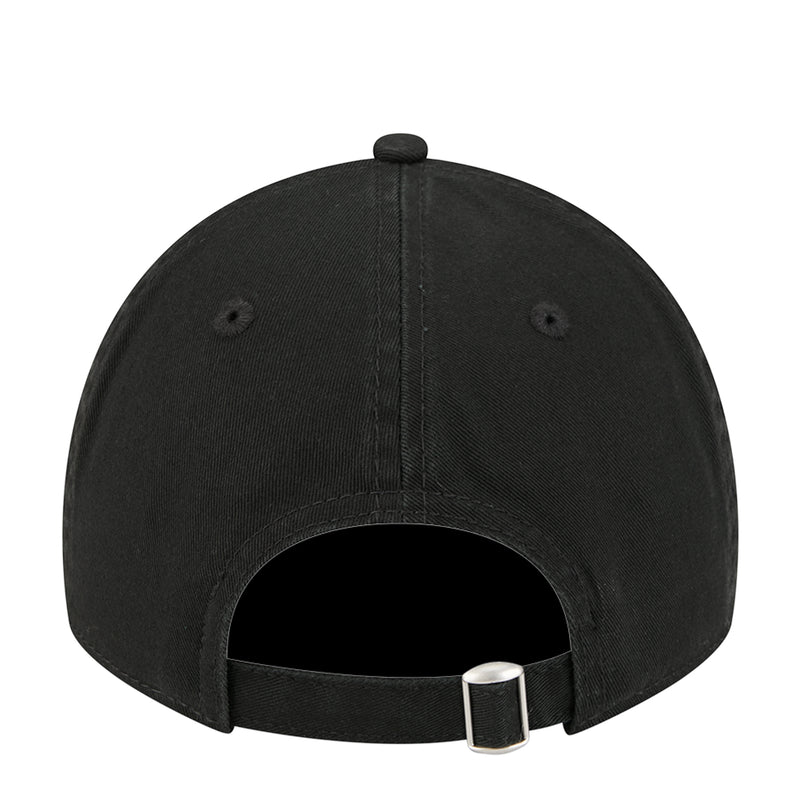 Black baseball cap back view with adjustable strap hardware