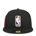 Black snapback cap with NBA logo patch on front panel, red side graphic accents