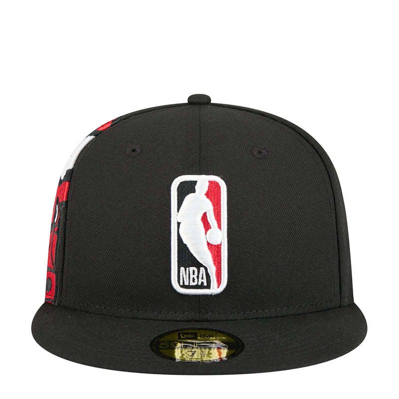 Black snapback cap with NBA logo patch on front panel, red side graphic accents