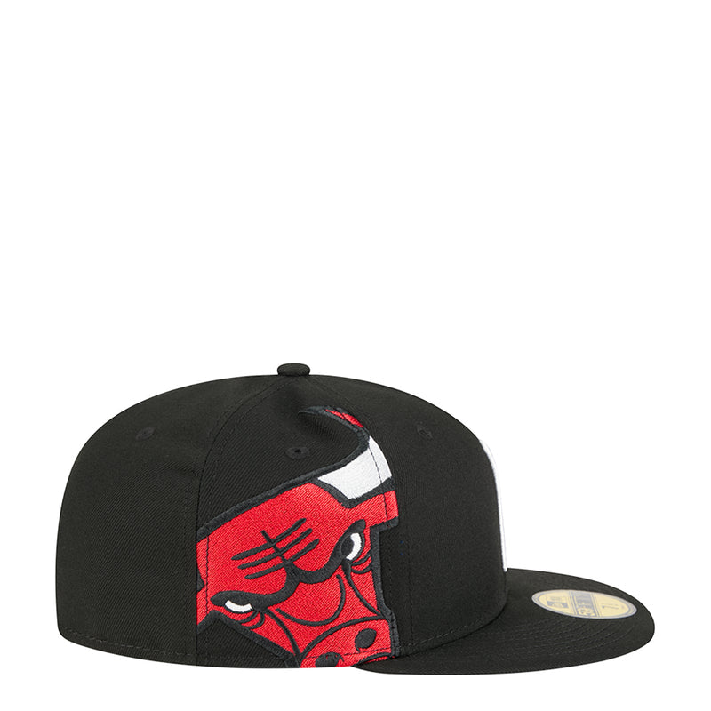 Black snapback cap with red bull head graphic and white panel on side
