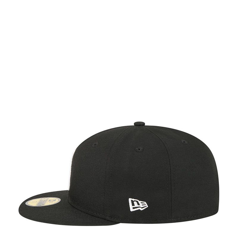 Black snapback cap with small white New Era logo on front