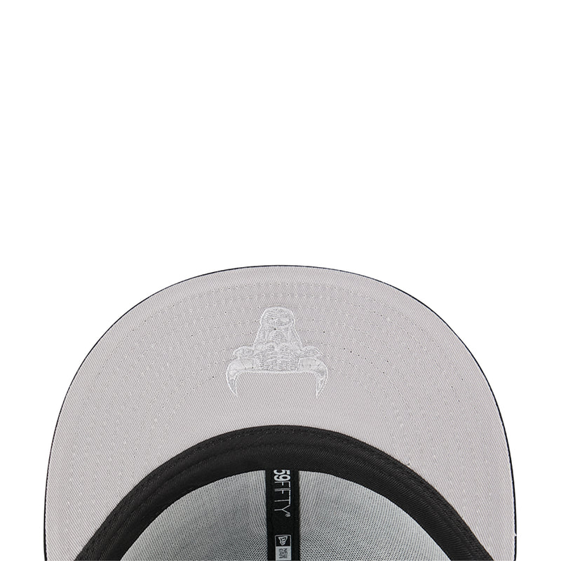 Light gray snapback cap with black inner band and stitched seam detail