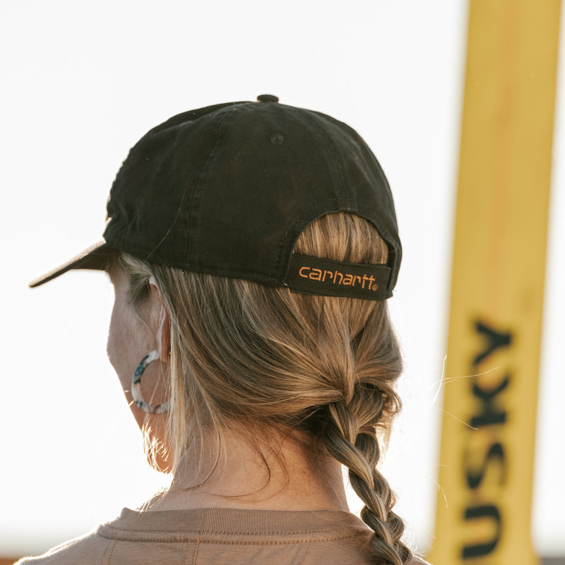 Black canvas dad cap with Carhartt logo band on back