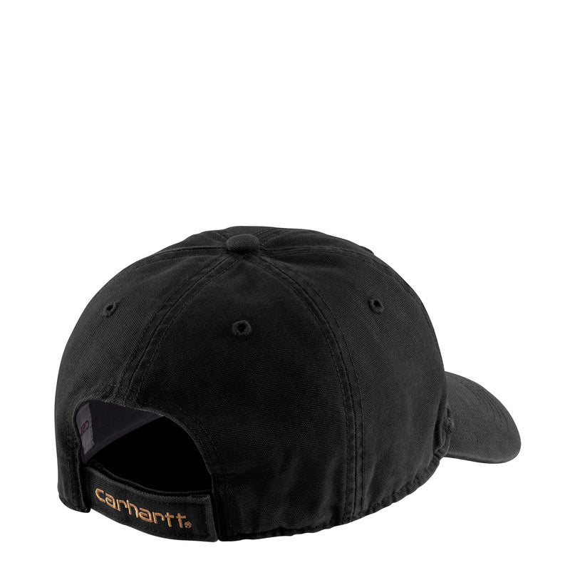 Black canvas dad cap interior view with Carhartt patch