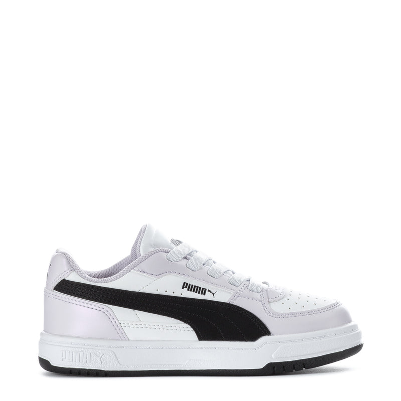 Kids' white sneakers with black Puma stripe and lilac heel accent