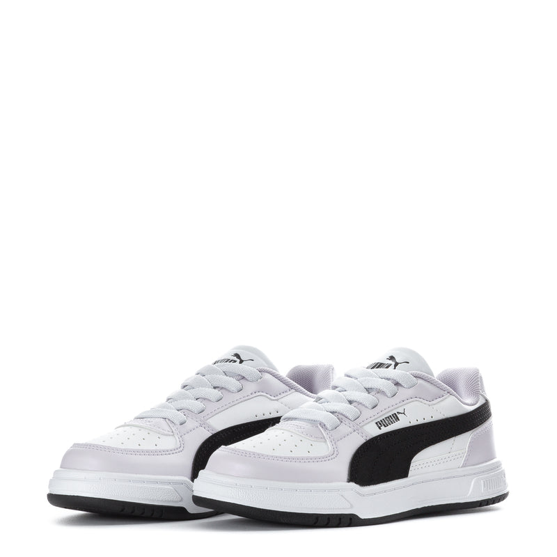 Pair of kids' white sneakers with black Puma stripe and padded collars