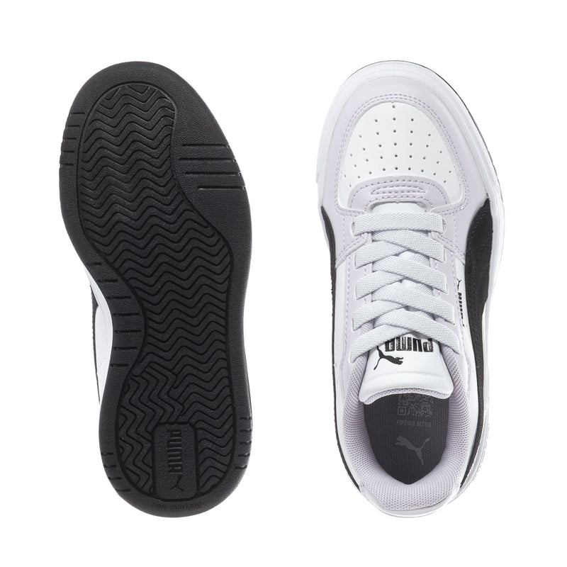 Kids' sneakers with black tread outsole and white perforated toe