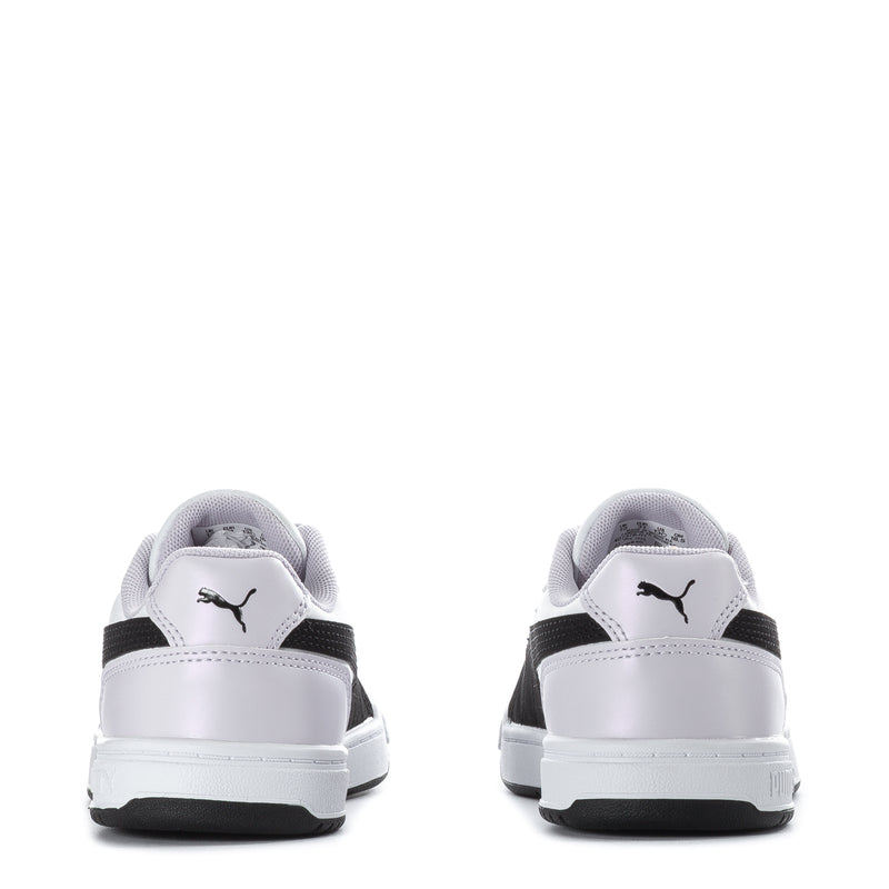 Kids' white sneakers with black heel panel and Puma logo on back