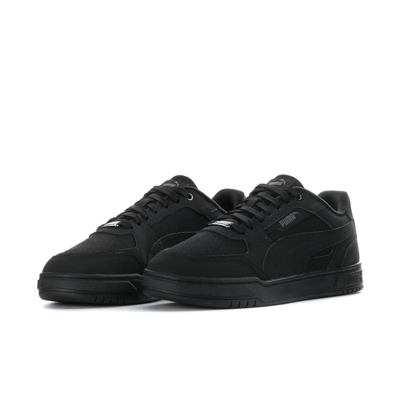 Men's black Puma low-top sneakers, side-by-side angled view, lace-up design
