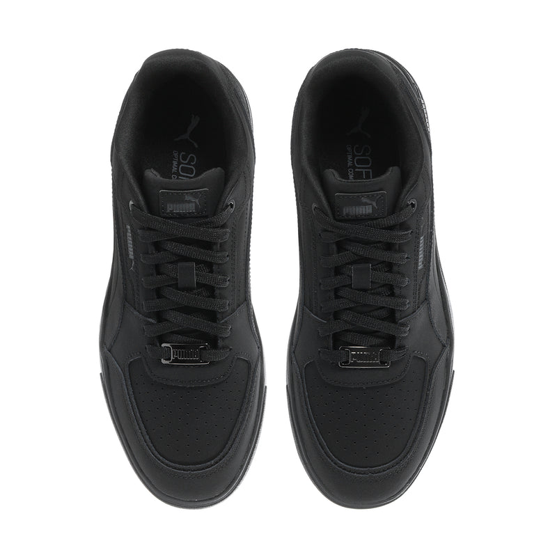 Men's black Puma low-top sneakers, front view with lace-up and perforated toe
