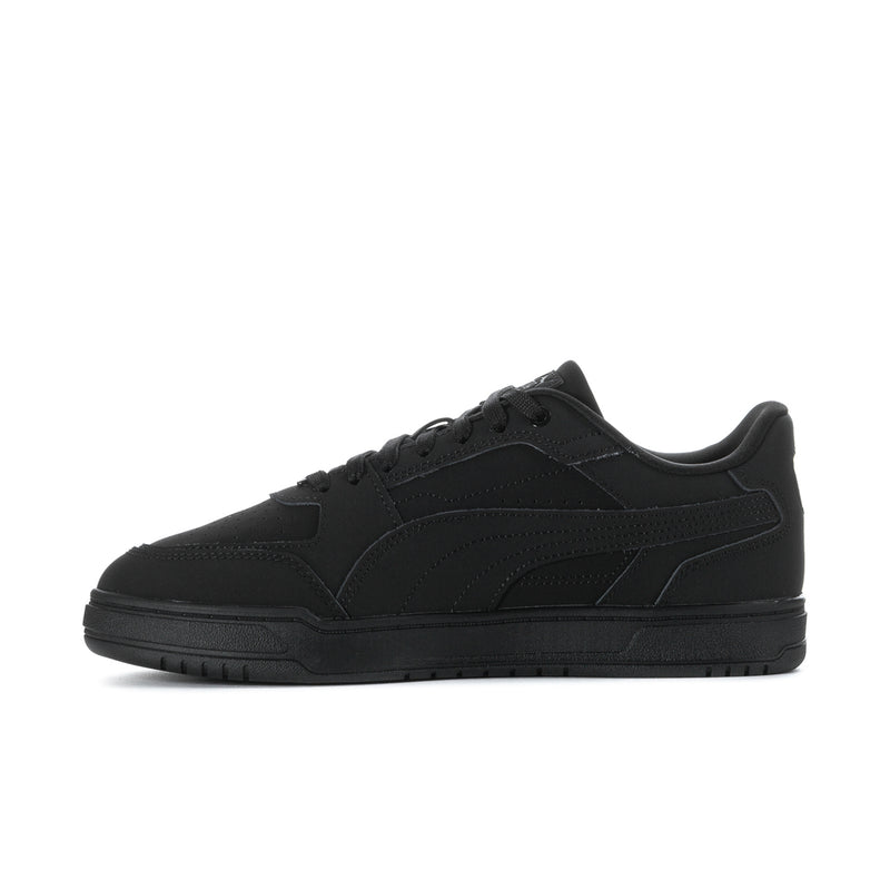 Men's black Puma low-top sneakers, front-side view, lace-up and stitched overlays