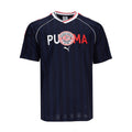 Men's navy jacquard soccer jersey with V-neck, red/white trim, Puma and crest logo