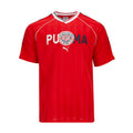 Men's red soccer jersey with V-neck collar, white trim, club crest and Puma logo.
