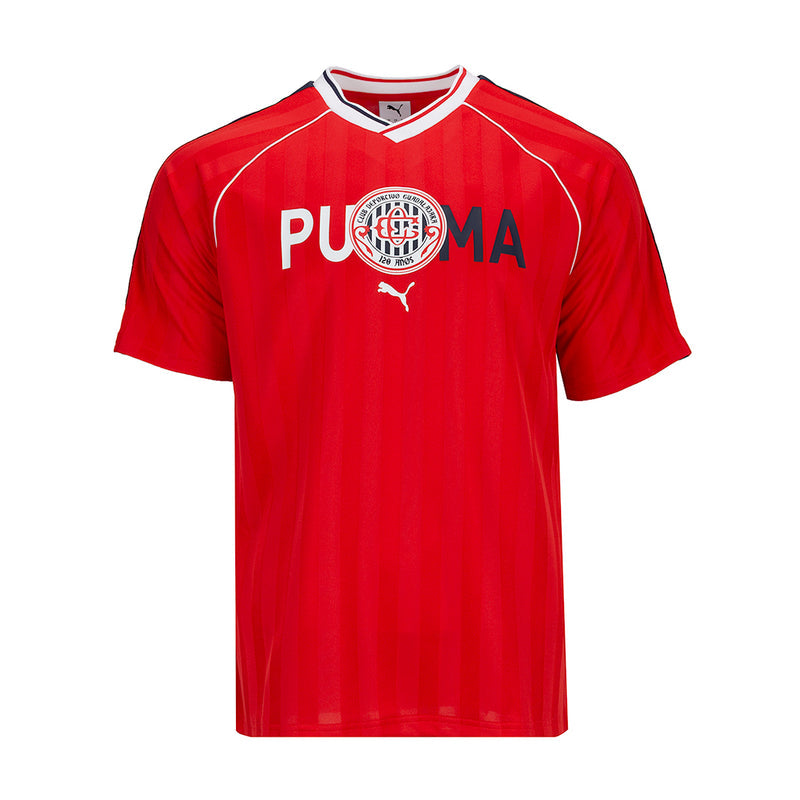 Men's red soccer jersey with V-neck collar, white trim, club crest and Puma logo.