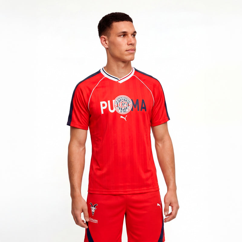 Men's red soccer jersey with V-neck and white piping; large chest Puma logo.